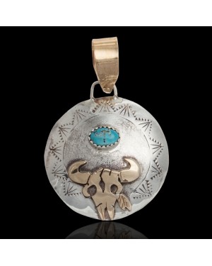 12kt Gold Filled and .925 Sterling Silver Certified Authentic Bull Skull Handmade Navajo Natural Turquoise Native American Pendant 17044-2 12kt Gold Filled and .925 Sterling Silver Certified Authentic Bull Skull Handmade Navajo Natural Turquoise Native American Pendant 17044-2