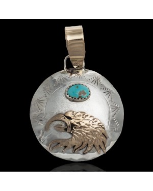 12kt Gold Filled and .925 Sterling Silver Certified Authentic Eagle head Handmade Navajo Natural Turquoise Native American Pendant 94008 12kt Gold Filled and .925 Sterling Silver Certified Authentic Eagle head Handmade Navajo Natural Turquoise Native American Pendant 94008