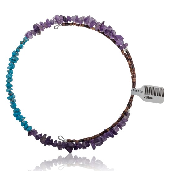 Natural Turquoise and Amethyst Certified Authentic Navajo Native American Adjustable Choker Wrap Necklace Chain 25584 Natural Turquoise and Amethyst Certified Authentic Navajo Native American Adjustable Choker Wrap Necklace Chain 25584