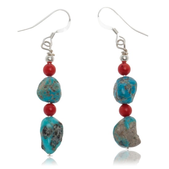 Natural Turquoise and Coral .925 Sterling Silver Hooks Certified Authentic Navajo Native American Dangle Earrings 27277 Natural Turquoise and Coral .925 Sterling Silver Hooks Certified Authentic Navajo Native American Dangle Earrings 27277