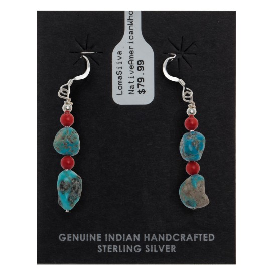 Natural Turquoise and Coral .925 Sterling Silver Hooks Certified Authentic Navajo Native American Dangle Earrings 27277 Natural Turquoise and Coral .925 Sterling Silver Hooks Certified Authentic Navajo Native American Dangle Earrings 27277