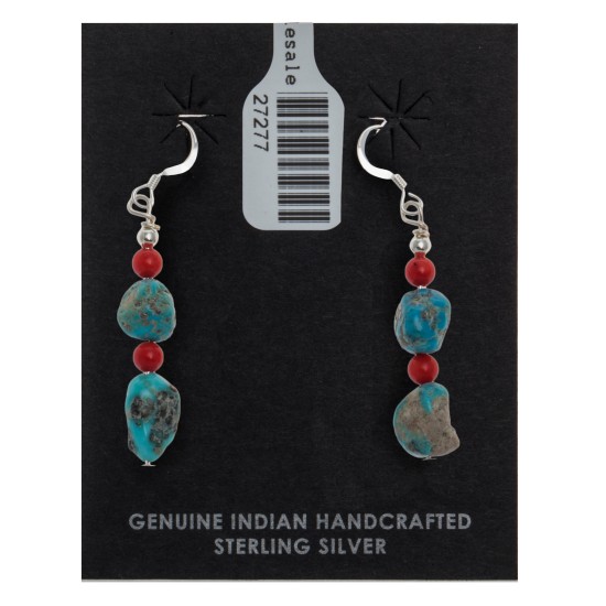 Natural Turquoise and Coral .925 Sterling Silver Hooks Certified Authentic Navajo Native American Dangle Earrings 27277 Natural Turquoise and Coral .925 Sterling Silver Hooks Certified Authentic Navajo Native American Dangle Earrings 27277