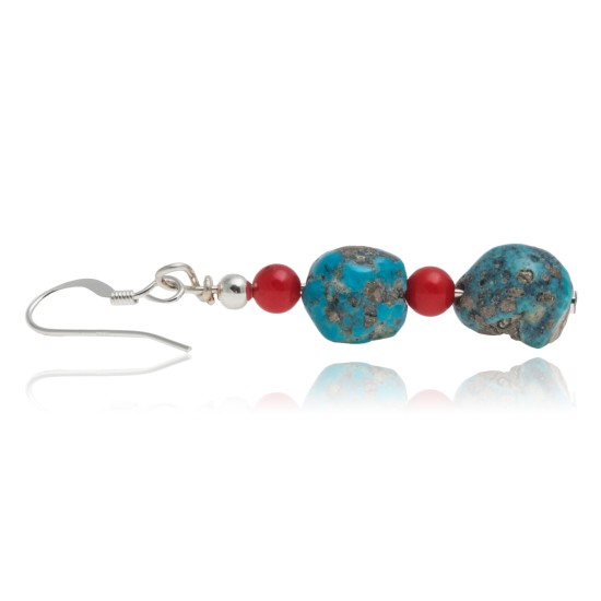 Natural Turquoise and Coral .925 Sterling Silver Hooks Certified Authentic Navajo Native American Dangle Earrings 27277 Natural Turquoise and Coral .925 Sterling Silver Hooks Certified Authentic Navajo Native American Dangle Earrings 27277