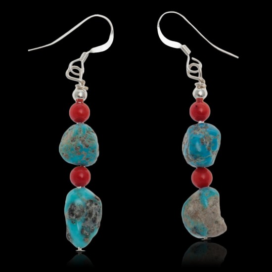 Natural Turquoise and Coral .925 Sterling Silver Hooks Certified Authentic Navajo Native American Dangle Earrings 27277 Natural Turquoise and Coral .925 Sterling Silver Hooks Certified Authentic Navajo Native American Dangle Earrings 27277