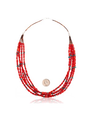 Natural Turquoise and Coral .925 Sterling Silver Certified Authentic Navajo Native American 5 Strand Necklace 25278-0 Natural Turquoise and Coral .925 Sterling Silver Certified Authentic Navajo Native American 5 Strand Necklace 25278-0