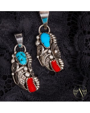 Flower .925 Sterling Silver Certified Authentic Handmade Navajo Native American Natural Turquoise and Coral Pendant 26211-1 Flower .925 Sterling Silver Certified Authentic Handmade Navajo Native American Natural Turquoise and Coral Pendant 26211-1
