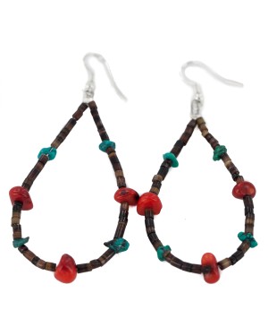 Certified Authentic .925 Sterling Silver Hooks Natural Turquoise Heishi Coral Hoop Native American Dangle Earrings 18248 Certified Authentic .925 Sterling Silver Hooks Natural Turquoise Heishi Coral Hoop Native American Dangle Earrings 18248