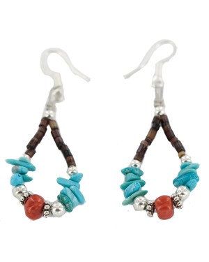 Certified Authentic .925 Sterling Silver Hooks Coral Natural Turquoise Heishi Hoop Native American Dangle Earrings 18263-20 Certified Authentic .925 Sterling Silver Hooks Coral Natural Turquoise Heishi Hoop Native American Dangle Earrings 18263-20