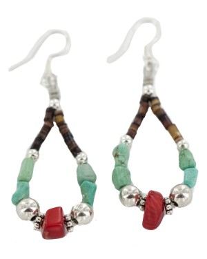 Certified Authentic .925 Sterling Silver Hooks Navajo Natural Turquoise Coral Heishi Hoop Native American Dangle Earrings 18263-23 Certified Authentic .925 Sterling Silver Hooks Navajo Natural Turquoise Coral Heishi Hoop Native American Dangle Earrings 18263-23