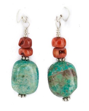 .925 Sterling Silver Hooks Certified Authentic Navajo Natural Turquoise Coral Native American Dangle Earrings 18294-18 .925 Sterling Silver Hooks Certified Authentic Navajo Natural Turquoise Coral Native American Dangle Earrings 18294-18