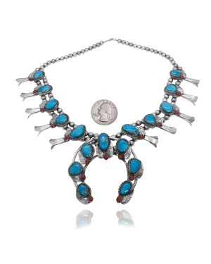 Squash Blossom .925 Sterling Silver Certified Authentic Navajo Native American Natural Turquoise Necklace 35177 Squash Blossom .925 Sterling Silver Certified Authentic Navajo Native American Natural Turquoise Necklace 35177
