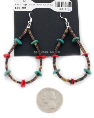 Certified Authentic Dangle .925 Sterling Silver Hooks Natural Turquoise Heishi Coral Hoop Native American Dangle Earrings 18013-30 Certified Authentic Dangle .925 Sterling Silver Hooks Natural Turquoise Heishi Coral Hoop Native American Dangle Earrings 18013-30