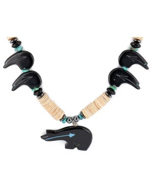 Bear Certified Authentic Navajo .925 Sterling Silver Natural Graduated Melon Shell Turquoise Resin Black Onyx Hematite Native American Necklace 25225-2 Bear Certified Authentic Navajo .925 Sterling Silver Natural Graduated Melon Shell Turquoise Resin Black Onyx Hematite Native American Necklace 25225-2
