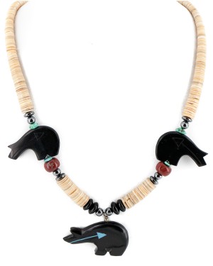 Bear Certified Authentic Navajo .925 Sterling Silver Natural Graduated Melon Shell Turquoise Resin Black Onyx Red Jasper Hematite Native American Necklace 25225-4 Bear Certified Authentic Navajo .925 Sterling Silver Natural Graduated Melon Shell Turquoise Resin Black Onyx Red Jasper Hematite Native American Necklace 25225-4